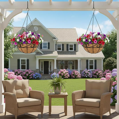 Outdoor Metal Hanging Planters Basket (4pack, 10 inch) Hanging Baskets for Plants Chain Round Wire Plant Holder with Coco Fiber Liners for Garden, Patio, Deck, Porch(Flower Border)