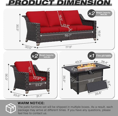 Joyside Wicker Patio Furniture Sets, 5 Pieces Upgraded Large Size Outdoor Furniture with Patio Dining Chair,Two 3-Seat Sofa, Fire Table,Thick Cushions, Wide Armrest, Red
