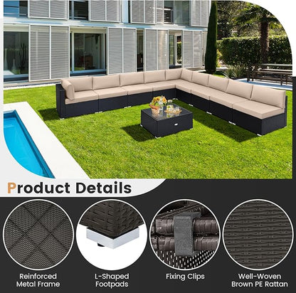 Tangkula 10 Pieces Patio Sofa Set, Outdoor Wicker Conversation Set with Soft Cushions, Tempered Glass Tabletop, Sofa Fastener Clips Included, Rattan Furniture Set for Backyard, Poolside (Beige)