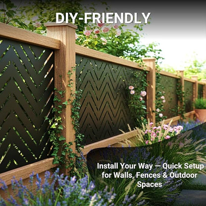 Metal Privacy Screen Outdoor – 6FT Freestanding Decorative Steel Panel with Stand, Laser-Cut Chevron Pattern Modern Privacy Divider, Rustproof & Weather-Resistant Screen for Patio, Garden & Backyard