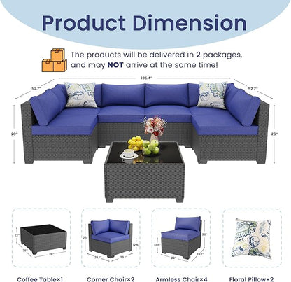 8 Piece Outdoor Patio Furniture Set, Outdoor Sectional Furniture, Rattan & Wicker Modern Modular Conversation Set Sofa Couch W/Water Resistant Washable Thick Cushions and Coffee Table, Blue