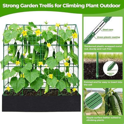 Large Cucumber Trellis for Climbing Plants Outdoor with Grow Bag,67" Tall Metal U-Frame Plant Trellis for Raised Bed with Garden Netting and Plant Clip Plant Ties for Vegetables Tomatoes Squash Pea