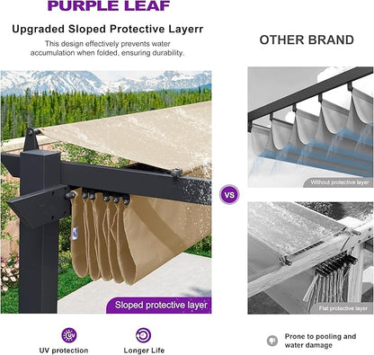 PURPLE LEAF 10' x 10' Aluminum Outdoor Pergola Modern Grape Trellis Retractable Pergola with Double Sun Shade Canopy Metal Pergola with Light for Patios Backyard Deck Garden, Khaki