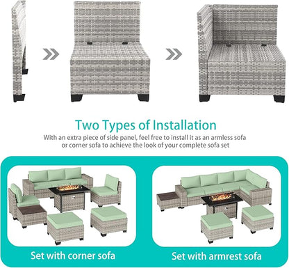 9-Piece Outdoor Patio Furniture Set with 55,000 BTU Fire Pit Table, PE Wicker Rattan Sectional Sofa Patio Conversation Set with Ottomans & Coffee Table, Light Green