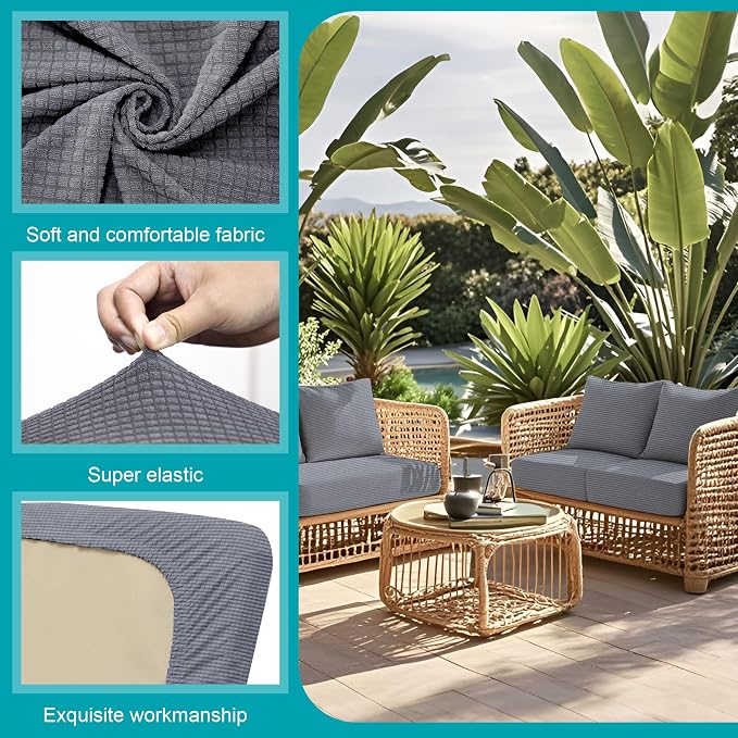 Patio Cushion Covers 14 Pack, Stretch Grey Jacquard Check, Fits 20-27 Inch Cushions