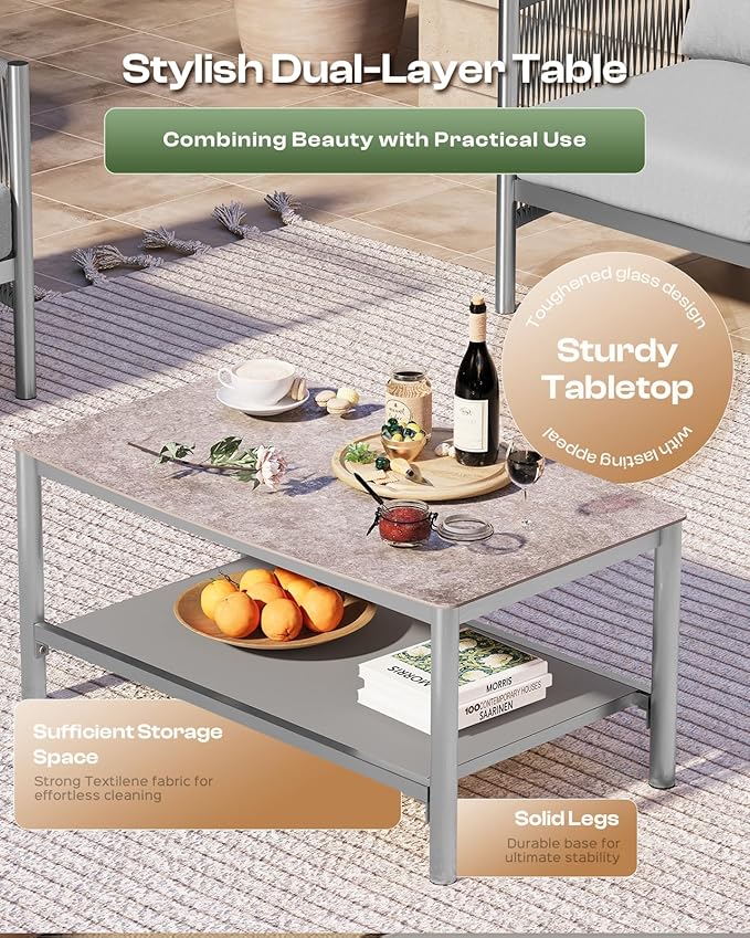 Aluminum Outdoor Patio Furniture Set with Dual-Layer Coffee Table, 4 Piece Modern Patio Conversation Sets with PE Rope, Outdoor Sectional Sofa with Thick Cushions for Balcony, Deck, Silver