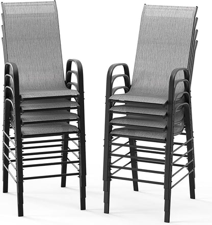 VINGLI Outdoor Bar Chairs Set of 8 – Stackable Outdoor Bar Stools with Sturdy Sling High Back and Armrests for Lawn, Courtyard, Garden, Bar, Silver Gray