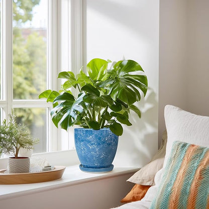 6 Inch Ceramic Plant Pot - Ceramic Planters with Drainage Hole and Saucer, Round Decorative Planter, Modern Planters for Indoor Outdoor Plants, Desk Office Decor, Housewarming Gifts, Blue