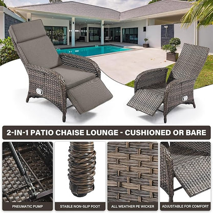 Belord Versatile Outdoor Recliner Chair - Reclining Patio Chair with Adjustable Backrest and Footrest, All-Weather Wicker Chaise Lounge Chair Outdoor for Pool Deck Brown