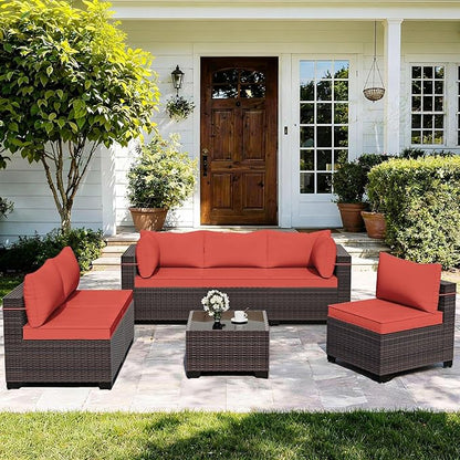 ALAULM Patio Furniture Set with Coffee Table, 7 Pieces Outdoor Sectional with Wide Seat and Thick Cushion, All Weather Wicker Rattan Conversation Set for Backyard, Garden, Deck, Red
