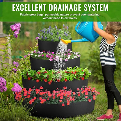 8 Pcs Plant Grow Bags 4 Tiered Strawberry Planter Tower Fabric Raised Garden Beds, 39 Inch Nonwoven Strawberry Pyramid Planter for Vegetables Flower Herbs Gardening Outdoor Growing (Black)