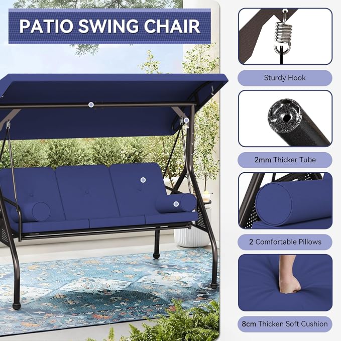 Porch Swing 3-Seat Wrought Iron Glider with Canopy, Blue