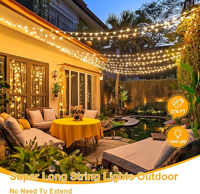 String Lights, 1000 Warm White LEDs, 272 Ft with Remote and 8 Modes