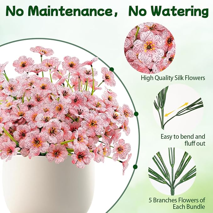 MACTING 12 Bundles Artificial Flowers for Outdoors Fake Flowers UV Resistant Faux Plastic Plants No Fade for Hanging Planters Window Patio Porch Garden Home Indoor Outdoor Spring Decorations,Pink