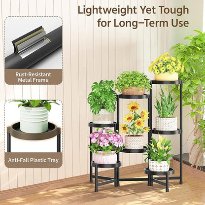 LASZOLA 7 Tiered Folding Plant Stand Indoor for Multiple Large Planter, Tall Heavy Duty Adjustable Rack with Rust Proof Plastic Shelving, Sturdy Vertical Tree Organizer for Narrow Inside Floor, Black