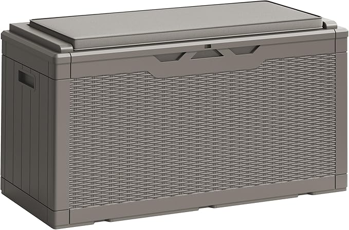 Storage Bench Resin Deck Box, 100 Gallon Lockable, Light Coffee