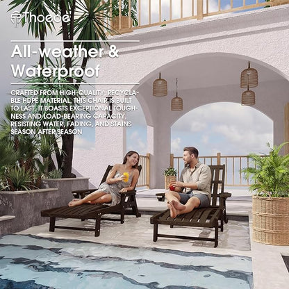 Patio Chaise Lounge Chair Set of 4, Oversized Lounge Chair Outdoor with 5 Positions, HDPE, Patio Lounge Chair with Wheels & Cup Holder for Pool, Deck, Poolside,Brown