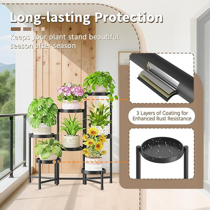 LASZOLA 7 Tiered Folding Tall Plant Stand Indoor for Multiple Large Planter, Heavy Duty Metal Adjustable Flower Rack for Narrow Corner, Sturdy Vertical Spiral Shelving Holder for Modern House, Black