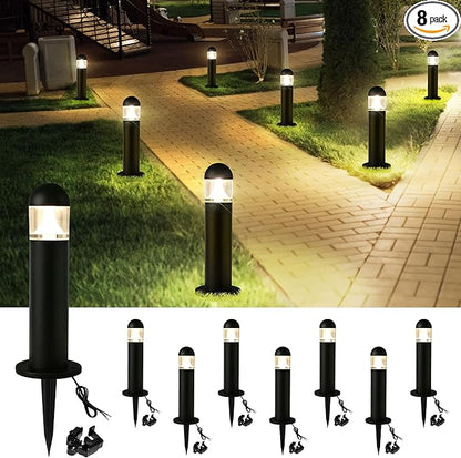 8 Pack Aluminum Low Voltage Landscape Pathway Lights Wired, Outdoor Modern 12V LED Bollard Lights for Driveway Garden Walkway Yard (Included Connectors), 2700K Warm White Waterproof, Black