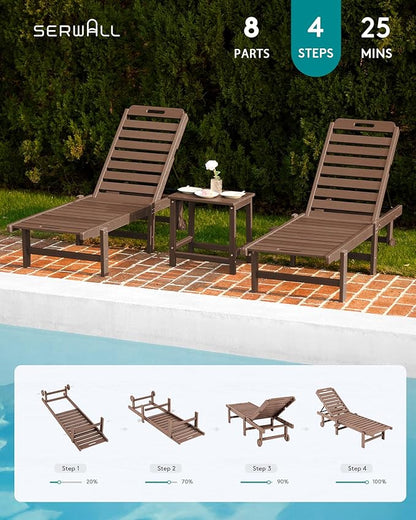 SERWALL Outdoor Chaise Lounge Set of 6, HDPE Pool Lounge Chair with 5-Position Adjustable Backrest, Patio Lounger with Rolling Wheels & Cup Holder for Pool, Brown