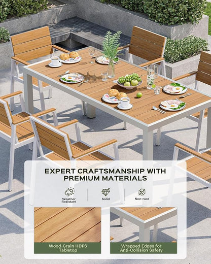 7-Piece Outdoor Dining Set, Aluminum Dining Table Set for 6, Patio Table and Chairs Set with Umbrella Hole, All Weather HDPS Outdoor Table and Chairs for 6 (White-Teak)