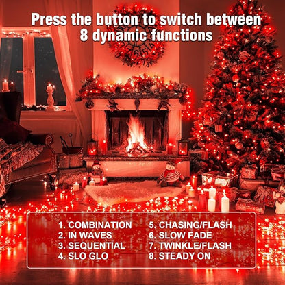 Nisocy 200 LED Red String Lights with Green Wire, Waterproof Christmas Tree Fairy Lights with 8 Modes, Indoor Outdoor Decorative Lighting for Holiday, Party, Garden, Patio(66FT)