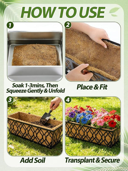 24in Tapered Coco Liners for Window Planter Box - 2 Pack 100% Natural Coconut Coir Fiber Liner Replacement for Deck Flower Box, Garden Railing Fence Wall Planter Basket