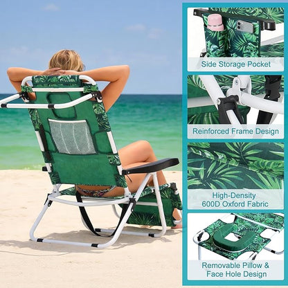 ABORON Tanning Chair with Face Hole, 5-Position Adjustable Reclining Beach Lounge Chair, Folding Face Down Sun Lounger for Beach, Poolside, Patio, Lawn, Home(Tropical Leaf)