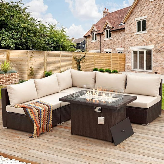 NICESOUL 6 Piece Patio Furniture Set with Firepit, 29.3'' High-Back Outdoor Sectional with Fireplace Natural Gas Propane Convertible, Comfy Deep Wide Seating Conversations for Outside, Brown