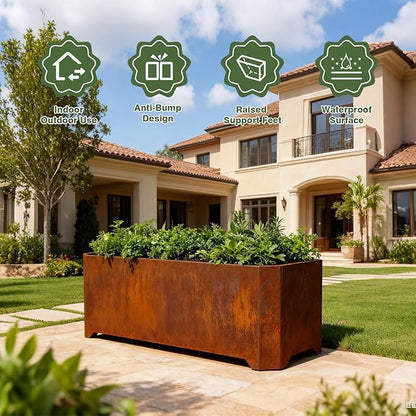 Corten Steel Planter Box-36"x15"x15"-Large Rectangular Planters For Outdoor Plants, Heavy Duty Rustic Tall Planter With Raised Support Feet For Patio, Deck, Garden, Yard, Drain Holes, Easy Assembly