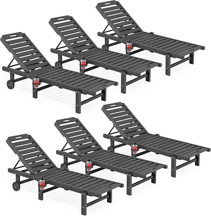 SERWALL Outdoor Chaise Lounge Set of 6, HDPE Pool Lounge Chair with 5-Position Adjustable Backrest, Patio Lounger with Rolling Wheels & Cup Holder for Pool, Grey