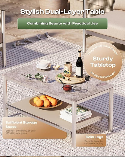Aluminum Outdoor Patio Furniture Set with Dual-Layer Coffee Table, 5 Piece Modern Patio Conversation Sets with PE Rope, Outdoor Sectional Sofa with Thick Cushions for Balcony, Deck, Beige
