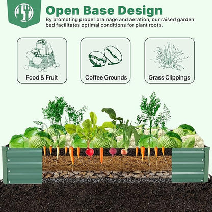 ONCEMORE Galvanized Raised Garden Bed for Vegetables Flowers Herbs, Metal Raised Garden Bed Kit with 2 PCS Tomato Cage, Gloves, Trellis Netting, Plant Labels, Plant Ties, Green 6×3×1FT