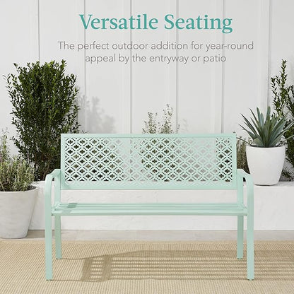 Best Choice Products Outdoor Bench 2-Person Metal Steel Benches Furniture for Garden, Patio, Porch, Entryway w/Geometric Backrest, 790lb Capacity - Mint Green