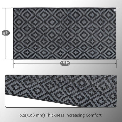 SAND MINE Waterproof Outdoor Rug 9x18 ft, Plastic Reversible Rug, Modern Area Rug, Large Floor Mat for Outdoors, RV, Patio, Backyard, Deck, Picnic, Beach, Camping, Black Grey Lattice