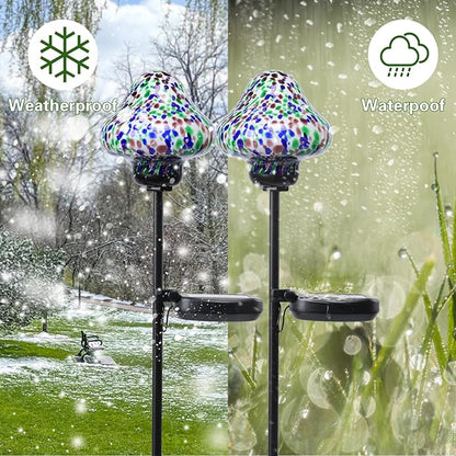 Solar Outdoor Lights Decorative Solar Glass Mushroom Lights Waterproof LED Waterproof Garden Stake Light for Walkway Pathway Lawn Patio Yard Decorations 2 Pack Multi