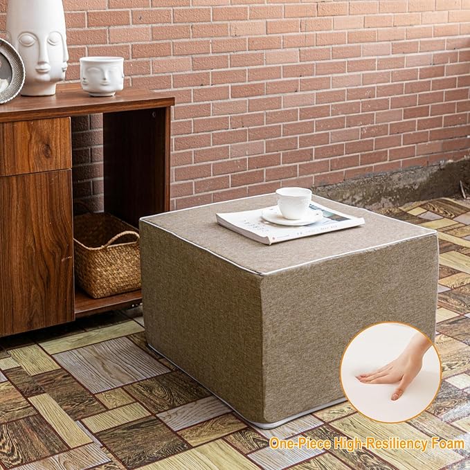 Outdoor Ottoman 20x20x14 Inches Outdoor Square Ottomans for Patio Modern Lightweight Foam Stuffed Pouf Outdoor Footstool Footrest (Coffee)