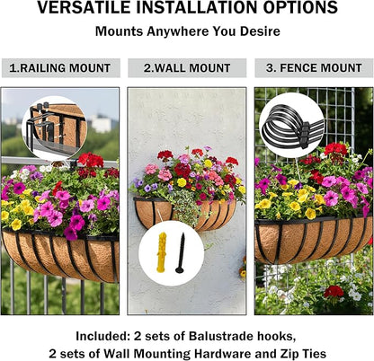 16“ Window Box Railing Planter with Coco Liner Metal Wall-Mounted Coconut Liner Basket English Horse Trough Planter for Outdoor Deck Balcony Porch Fence Patio Black (4 Pack)