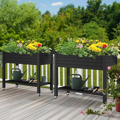 YITAHOME 43.3x17.7x34 in Elevated Garden Bed 2pcs, Outdoor Plastic Planter Box with Wheels, Legs, Drain Plug, and Storage Shelf for Plants, Vegetables, Flowers, Herbs, Black