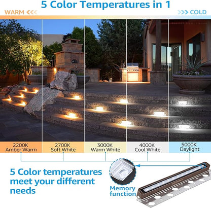 LEONLITE 8-Pack Premium Series 5CCT 12 Inch Hardscape Lighting Low Voltage LED Swivel, 2200K/2700K/3000K/4000K/5000K Selectable, Retaining Wall Light, 12V Paver Light, 7W Outdoor Step Light, ETL