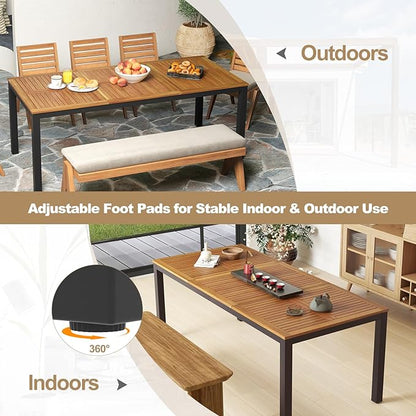 Tangkula 79" Acacia Wood Outdoor Dining Table for 8, Patio Table with Umbrella Hole, Metal Legs & Adjustable Foot Pads, Rectangular 8-Person Outside Table for Garden, Poolside & Backyard