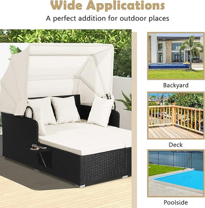 Tangkula Patio Rattan Daybed with Retractable Canopy, Outdoor Wicker Sunbed Lounger with 2 Foldable Side Tables, Thick Seat & Back Cushions, Double Daybed for Garden, Backyard, Porch (Off White)