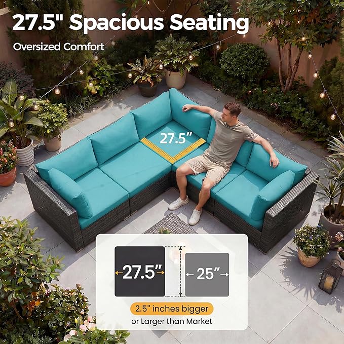 NICESOUL Extra Large 9 Piece Patio Furniture Set with Fire Pit Table Natural Gas & Propane, 29.3'' High Back Rattan Outdoor Conversations, 8 Seater Modular Sofa Set, 2 Color Cushions Turquoise & Gray