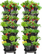 7 Tiered Strawberry Vertical Planter 2 Pack, Stackable Tower Garden Planter Herb Garden Planter with Movable Casters and Bottom Saucer Indoor and Outdoor - Black