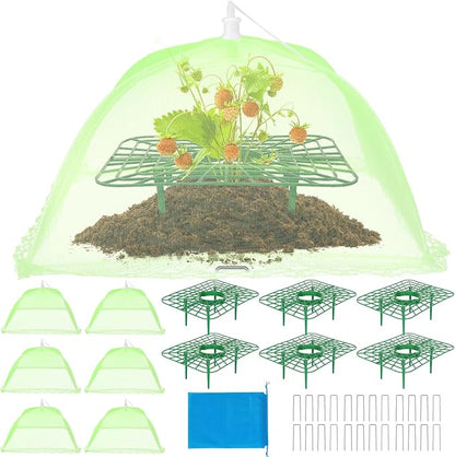 6 Sets Strawberry Plant Support with Mesh Cover - Square Gardening Frame, Animal Barrier, Iron Stakes & Storage Bag for Healthy Strawberries, Tomatoes, Veggies (Green) (6 pcs)