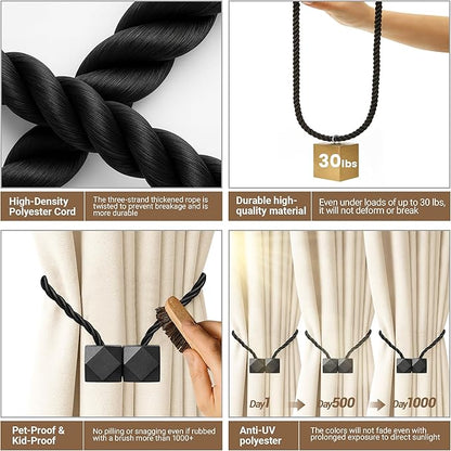 Hion Magnetic Curtain Tiebacks Black 6 Pack, Curtain Tiebacks Buckles Holdbacks Holders Hooks Clip for Home Bedroom Office Decorative Thick or Thin Curtain