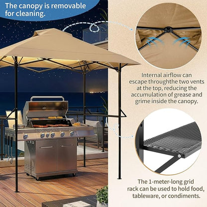 VINGLI 8x5 Pop Up Grill Gazebo BBQ Gazebo with 2 Side Shelves, Outdoor Grill Canopy BBQ Canopy Adjustable Height, Grilling Pergola for Patio Garden