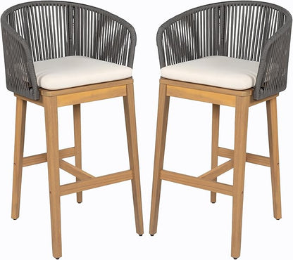 Christopher Knight Home Zax Set of 2 Patio Barstool, Acacia Wood & Rope Outdoor Counter Stool with Backrest/Footrest, Barstool Chairs with Cushion Seating for Backyard Balcony Garden, Beige+Gray+Teak