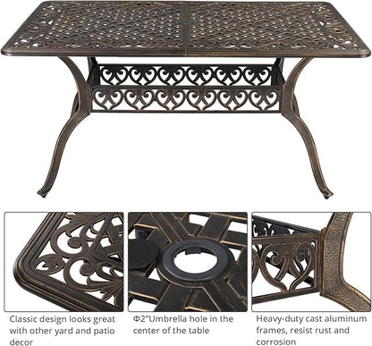 VINGLI 6-Person Outdoor Dining Table, Cast Aluminum Patio Dining Table with Umbrella Hole, Rectangle Patio Table Outdoor Furniture Garden Table (59" Lx35.4W x28.5 H)
