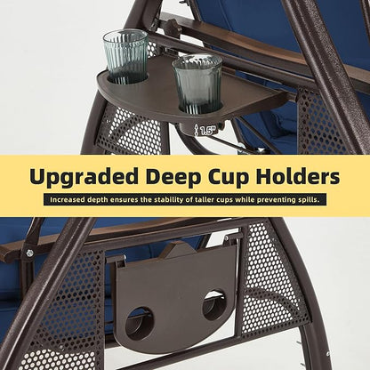 HOMREST 3 Seat Outdoor Porch Swing with 1.5" Deepened Cup Holder, Adjustable Canopy, Patio Swing Bed with Stand, Patio Glider Swing with Thicken Cushions, Pillow for Yard, Garden(Blue)